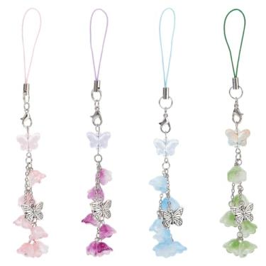 Imagem de DELORIGIN 4 pingentes de telefone de lírio do vale, 4 peças, linda bolsa de borboleta, alça de telefone com contas, cordão de pulso flor acrílica, acessórios para celular, porta-chaves, decoração de