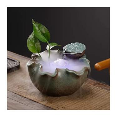 Imagem de Fonte de mesa de cerâmica chinesa folha de lótus fonte de água de mesa para relaxamento interno fontes de água Feng Shui fonte de cachoeira com névoa de água para casa, sala de estar, decoração de