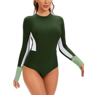 Imagem de Panegy Maiô feminino de manga comprida, peça única, com zíper, proteção solar, para surfe, rashguard, A-Army Green, GG