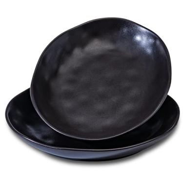 Imagem de Conjunto de 2 tigelas de cerâmica, conjunto de pratos de cerâmica feitos à mão | Tigelas ovais de 25 cm | Tigela grande e rasa para massas, saladas, cereais, sopa, micro-ondas e lava-louças, preto