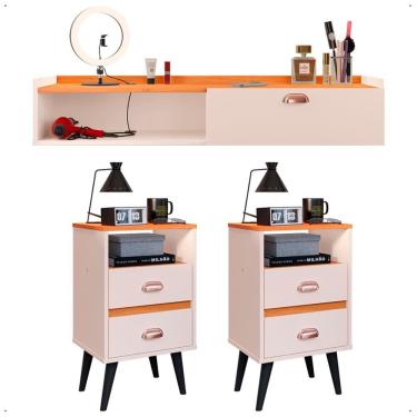 Imagem de Kit Quarto 2 Mesas Cabeceira Classic Pés Palito Retrô Penteadeira Suspensa Decor Camarim Puxador Concha Off White/Cinamomo - Lojas RPM