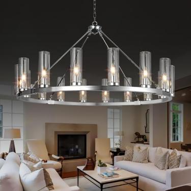 Imagem de zhllmq Lustre Grande De Roda De Carroça De 16 Luzes Com Cúpula De Vidro Transparente, Lustre Redondo Cromado, Lustre Industrial De Fazenda, Luminária Para Sala De Jantar, Escada, Sala De Estar, Hall