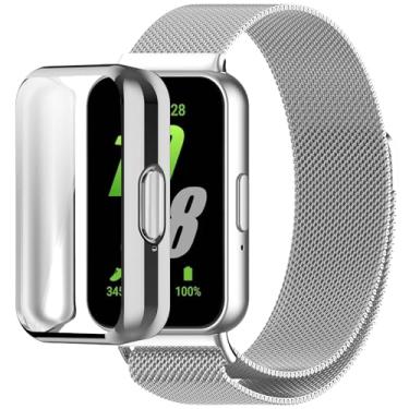 Imagem de QIEMUTER Pulseira de relógio compatível com Samsung Galaxy Fit 3 com capa de TPU, pulseira esportiva de malha de aço inoxidável, capa protetora de tela para Samsung Fit 3 (prata)