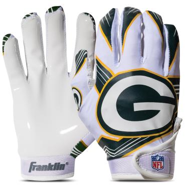 Imagem de Franklin Sports Green Bay Packers Luvas para jovens receptores de futebol NFL – Luvas receptoras para crianças – logotipos da equipe NFL e palma de silicone – Par juvenil P/PP