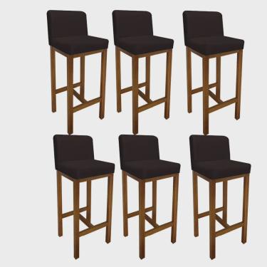 Imagem de Kit 06 Banqueta Alta Com Encosto Aila Cozinha Balcão Bistrô Base Madeira Castanho Suede Marrom - Ahz Móveis