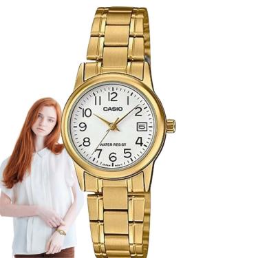 Imagem de Relógio Feminino Casio Redondo Pequeno Resistente Àgua Aço Inóx Calendário Analógico Casual Dourado LTP-V002G-7B2UDF