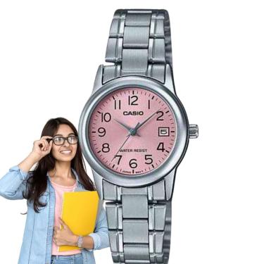 Imagem de Relógio de Pulso Casio Feminino Analógico Quartz Estiloso Redondo Pequeno Aço Inox Resistente àgua Casual Prata LTP-V002D-4BUDF