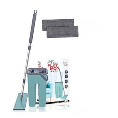 Imagem de Mop Plano com Balde Autolimpante com compartimantos agua limpa e agua suja, com 2 refil Cabo Telescópico em Alumínio, Sistema de Limpeza para todos tipos de Pisos alcança cantos dificeis