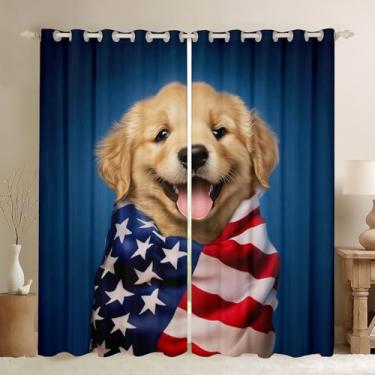Imagem de Cortina de janela de cachorro de desenho animado, linda cortina de cachorrinho para adultos, adolescentes e crianças, cortinas de janela com bandeira americana de 2 painéis, adequado para decoração de