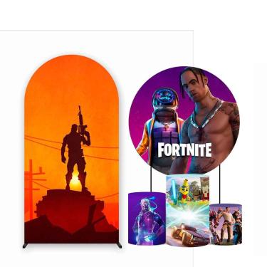 Imagem de Kit Painel de Festa Redondo 1,30m, Trio de Cilindros e Painel Romano Fortnite - Fera Print