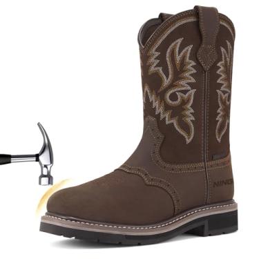 Imagem de HISEA Botas De Cowboy Masculinas Ningo, À Prova D'Água, Bico Quadrado, Bico De Aço, Calçados De Trabalho Masculinos Sem Cadarço, Calçados De Couro Para Construção E Agricultura