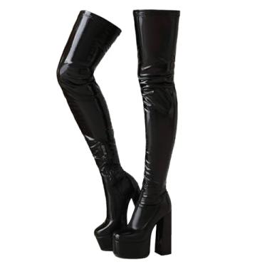 Imagem de Roimaash Botas Femininas Acima Do Joelho, Salto Alto, Látex, Cano Alto, Plataforma, Stretch, Botas Para Mulher, Cano Alto, Stripper, Verniz, Preto, Tamanho 40