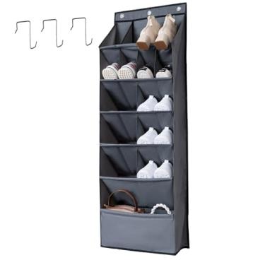 Imagem de NELLHOMY Organizador de sapatos acima da porta, rack de armazenamento de sapatos com 15 bolsos grandes e profundos, rack de armazenamento de sapatos cinza Oxford 600D com 3 ganchos para sapatos