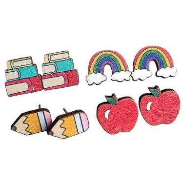 Imagem de 4 pares de brincos de professor para mulheres, livro de madeira, arco-íris, lápis de maçã, joias de volta às aulas, presentes de agradecimento ao professor, 4 Pairs, de madeira, Sem pedra preciosa