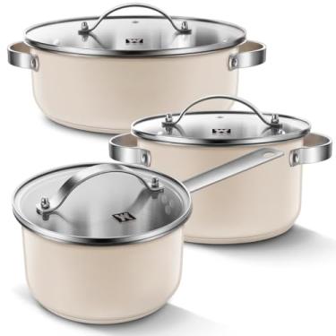 Imagem de WAGENSTEIGER Conjunto de 3 panelas e panelas de aço inoxidável revestidas de cerâmica com tampa de vidro temperado, base de 3 camadas com núcleo de alumínio, todas as cooktops, cor bege, frigideira +