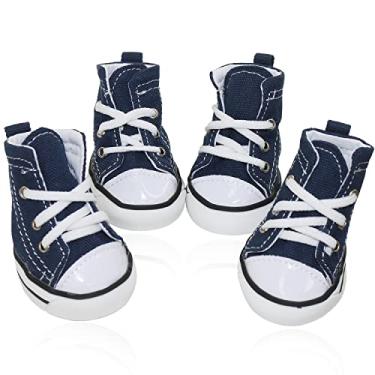 Imagem de BESUNTEK Sapatos para cães de estimação, botas esportivas de lona para filhotes, sapatos casuais antiderrapantes, capa protetora para patas de cachorro para caminhadas ao ar livre, esportes e pavimento quente, 4 peças