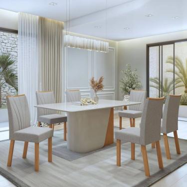 Imagem de Conjunto Luar 170cm Tampo MDF com Vidro e 6 Cadeiras Apogeu Amêndoa Clean/Off White/Cinza