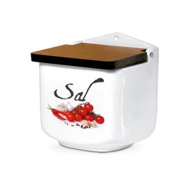 Imagem de Saleiro de Cerâmica Branco Decorado e Tampa de Madeira - Cerâmica Regi