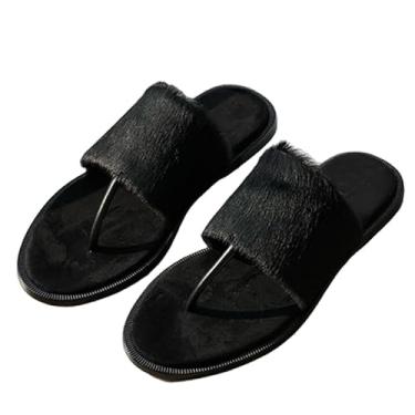 Imagem de Archicolor Sapatos femininos minimalistas Smmer sandálias francesas retrô crina de cavalo de couro genuíno chinelos femininos, Cabelo preto, 37