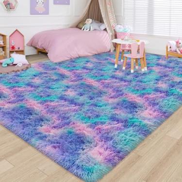 Imagem de TENNOLA Tapete fofo roxo arco-íris macio 2,4 x 3 m de pelúcia para quarto de meninas, kawaii, tapete felpudo para sala de estar, tapete felpudo para quarto de bebê, quarto de criança, fofo, colorido