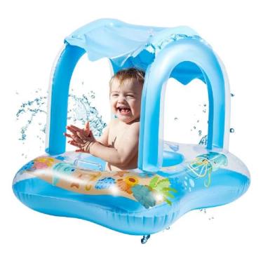 Imagem de Boia Infantil Inflável com Cobertura Baby Float para Piscina Bóia Bebê com Assento Seguro e Toldo Protetor Solar Diversão e Proteção na Água (Azul)