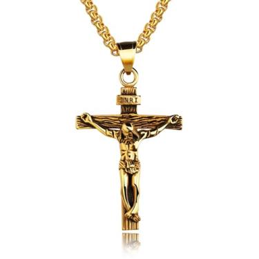 Imagem de coadipress Colar com cruz crucifixo para homens e mulheres Jesus Cristo no INRI crucifixo com pingente de cruz com corrente de aço inoxidável de 58 cm presentes cristãos, Middle, Aço inoxidável, Sem
