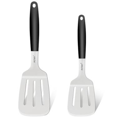 Imagem de POTWIY Conjunto de espátulas de aço inoxidável, 2 espátulas com fenda para uso na cozinha, espátula de metal com alça de silicone para frigideira de ferro fundido, grelhar, utensílios de cozinha para