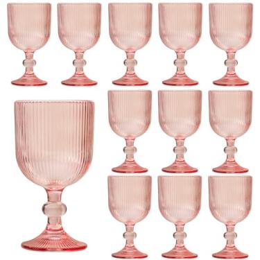 Imagem de 12 peças de taças de vinho vintage rosa, taças de água de vidro colorido de 325 ml, padrão exclusivo em relevo de haste alta transparente, copo de vidro para bar para festa de casamento, conjunto de