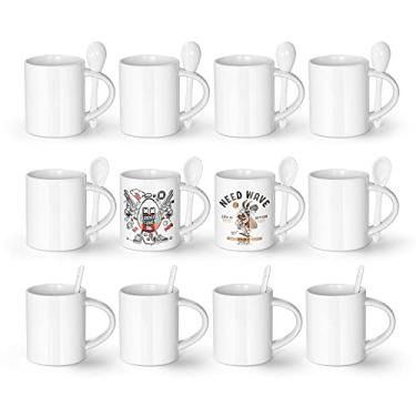 Imagem de AGH Canecas de café de sublimação em branco 325 ml, copos de cerâmica brancos retos com interior branco, alça, colher, pacote com 12