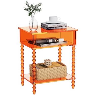 Imagem de Dewrhiixe Mesa lateral de acrílico, mesa de canto transparente de 3 camadas com armazenamento, mesa de cabeceira para sala de estar, quarto, escritório (laranja, 29 x 40 x 40 cm)