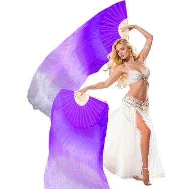 Imagem de Leemiman Par de véus profissionais para fãs de dança do ventre (esquerda + direita), véus de leque de seda sintética de 180 x 90 cm para apresentações de dança oriental (roxo branco)