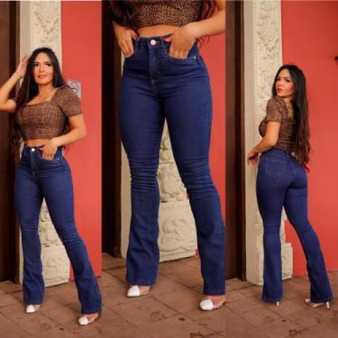 Imagem de Calça Jeans Flare com lycra cintura alta tendência boca larga lisa esc