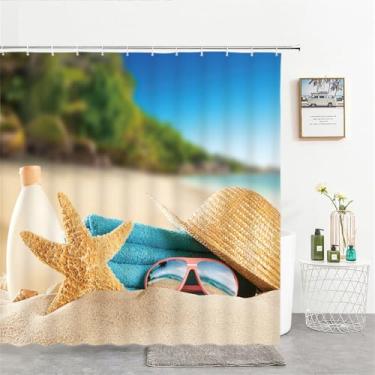 Imagem de Cortinas de chuveiro estampadas com conchas de praia e mar, tela de cortina de banho com estrelas do mar, produtos à prova d'água, decoração de banheiro com ganchos, 3385W, W90xH180cm
