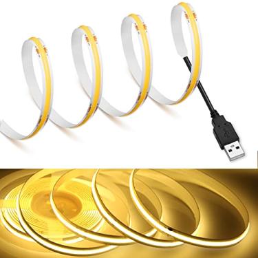 Imagem de 【MDee】Fita de luzes LED COB 3000 K branca quente de 3 m, alimentada por USB, 5 V, com conector USB, CRI 90 + 800 LM/m 320 LEDs/m para decoração interna e externa (branco quente 3000 K, 3 m)