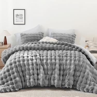 Imagem de YIKUSH Conjunto de edredom cinza claro – ultramacio e quente de pele sintética para o inverno, elegante, macio e creme, com fronhas, cinza aconchegante, conjunto de cama casal