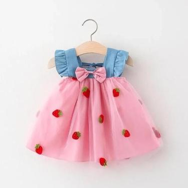 Imagem de Vestido Infantil de Verão - Saia Jeans com Bordado de Morango, 7(12-18