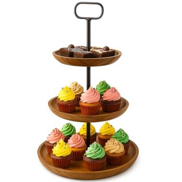 Imagem de Wrightmart 3 Tier Serving Tray, Table Centerpiece Display for Food, Cake, Cupcakes, Snacks, Pastry, Fruit, Dessert, Mixed Nuts, Handmade of Acacia Wood, Antiqued Steel Frame, Easy Grip Handle, Natural