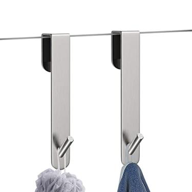 Imagem de SUXLINA Ganchos reversíveis de aço inoxidável para porta de vidro de banheiro, pacote com 2, para roupas, toalhas, lâminas de barbear e limpadores de chuveiro (prata)