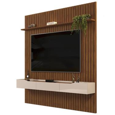 Imagem de Painel Para Tv 75 Pol Ripado Com Bancada Suspensa 223x240cm Pratisk D04 Freijó/off Whit...