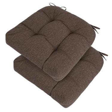 Imagem de FUNHOME Conjunto de 2 almofadas de assento adornadas repelentes à água para móveis de pátio 48 x 48 x 12 cm almofada de pátio para balanço, acampamento, cadeiras de cozinha marrom