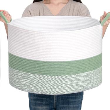 Imagem de CLHMILY&Z Cesta redonda de armazenamento de corda de algodão – 55 x 35 cm – linda caixa de berçário, organizador de brinquedos para bebês, organizador verde para decoração de casa, solução multiuso