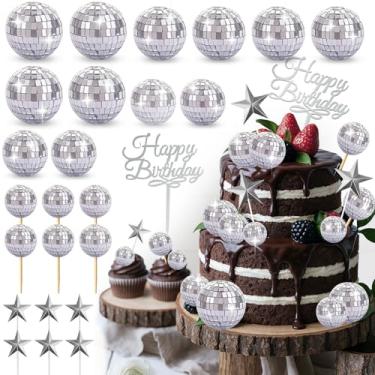 Imagem de 33 peças de enfeite de cupcake de bola de discoteca, conjunto de topo de bolo de feliz aniversário, palitos de bolo de bola de discoteca dos anos 1970 e decorações de bolo com tema de discoteca