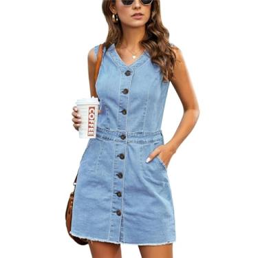 Imagem de luvamia Vestido feminino casual com decote em V, sem mangas, jeans com botões, Azul claro, XGG