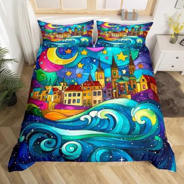 Imagem de Jogo de cama Swirl Sea Wave tamanho casal, conjunto de capa de edredom vintage com estrelas brilhantes para decoração de quarto de crianças, meninos e meninas, adultos, arte abstrata, 3 peças, capa de