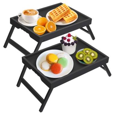 Imagem de Artmeer Bandeja de cama com pernas dobráveis, café da manhã de bambu na cama para mesa de TV, bandeja de laptop, comer, bandeja de lanche preta, pacote com 2 (preta)