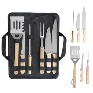Imagem de Kit Churrasco 7 Peças Aço Inox e Estojo Resistente com Facas Garfo Esp