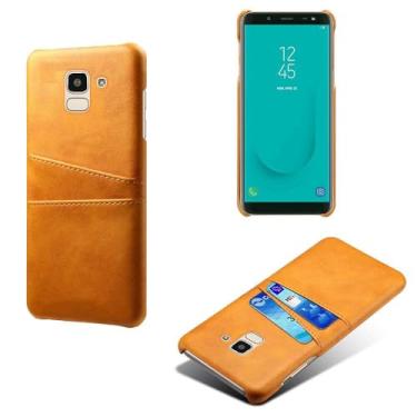 Imagem de Capas Compatível com Samsung Galaxy J6 (2018),Caso de couro PU-Tampa de telefone a prova de choque com 2 slots de cartão,Proteção anti-impressão digital e anti-gota-Yellow