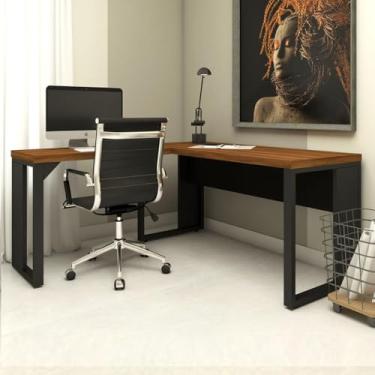 Imagem de Mesa de Escritório em L Preto Industrial Home Office Tampo 40mm MDP Pés Metálicos (Nogal com Preto)