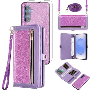Imagem de Asuwish Capa de celular para Samsung Galaxy S25 Plus S25+ 5G carteira com zíper destacável com protetor de tela, alça com glitter, compartimento para cartão S25Plus 25S + S 25 25+ SM-S936U feminino