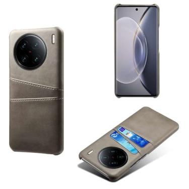 Imagem de Capas Compatível com VIVO X90 PRO+,Caso de couro PU-Tampa de telefone a prova de choque com 2 slots de cartão,Proteção anti-impressão digital e anti-gota-Grey